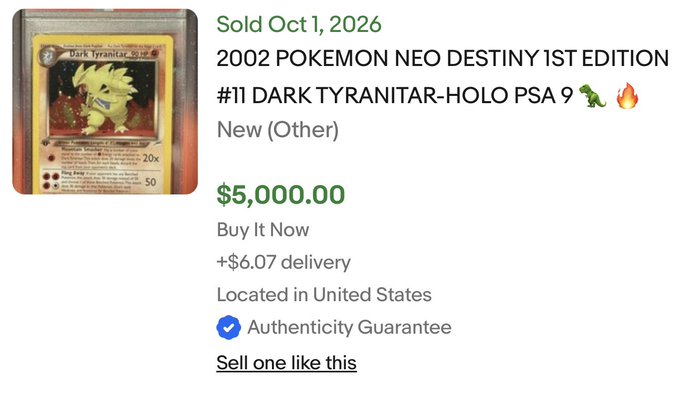 The image shows an eBay listing for a 2002 Pokemon Neo Destiny 1st Edition #11 Dark Tyranitar-Holo PSA 9 card that sold for $5,000.00 with "Buy It Now," directly illustrating the dramatic value increase referenced in the "update: $500 -> $5k" caption, suggesting the post is highlighting a remarkable appreciation in the card's resale value.