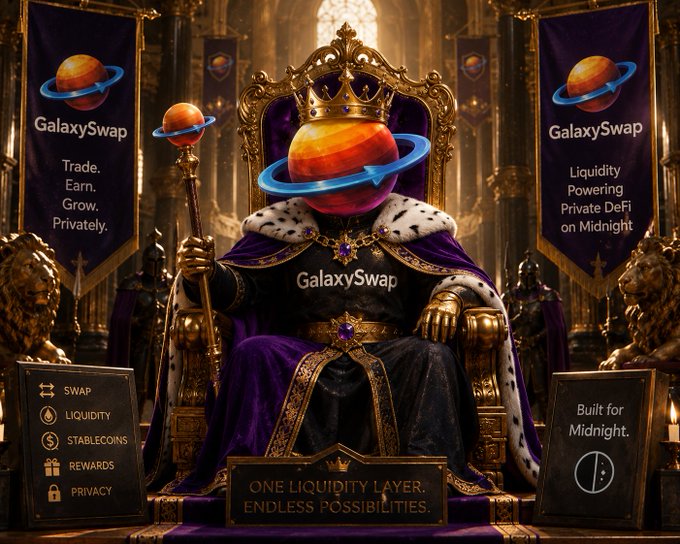 A royal figure with a planet for a head sits on a golden throne wearing purple robes, promoting "GalaxySwap" with banners stating "Trade. Earn. Grow. Privately." and "Liquidity Powering Private DeFi on Midnight."