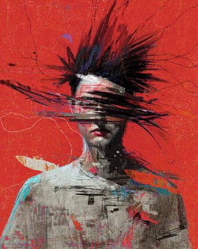 A grunge digital illustration depicting a young man with dark hair featuring long, spiky highlights, wearing a white shirt against a cracked red background.