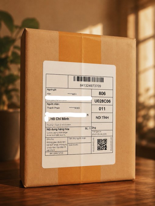 A brown cardboard package wrapped with orange tape sits on a wooden table, bearing a shipping label with barcode "841324973709," code "806," and "Hồ Chí Minh" visible, suggesting a mystery gift delivery from Bitget Vietnam for a June 26, 2026 giveaway.