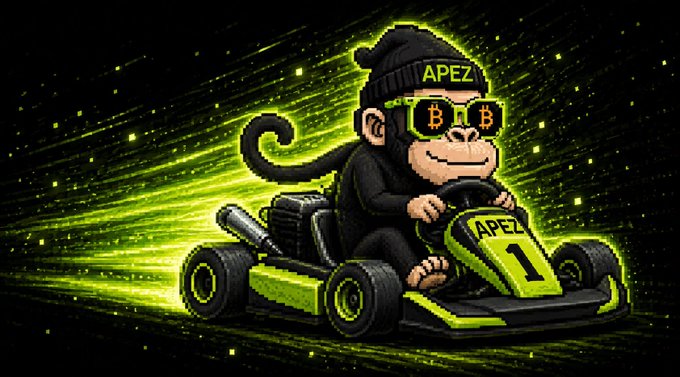 A cartoon ape wearing sunglasses with "BTC" on the lenses and an "APEZ" beanie, driving a green go-kart marked "APEZ 1" with motion blur effects.