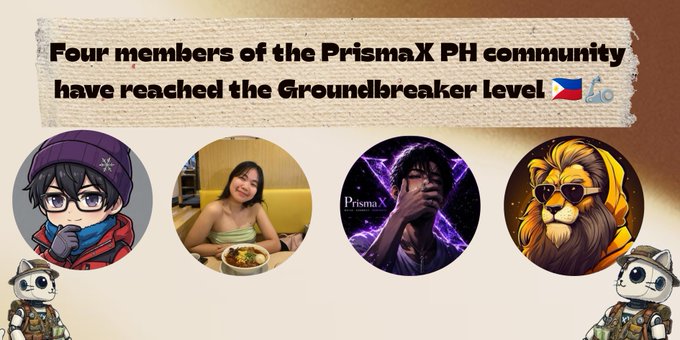 A community announcement banner stating 'Four members of the PrismaX PH community have reached the Groundbreaker level' with a Philippine flag emoji, displaying four circular profile pictures and decorative robot mascots.