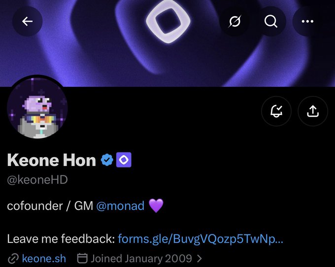 A Twitter/X profile screenshot for 'Keone Hon' (@keoneHD), described as cofounder/GM of @monad, with a feedback Google Form link visible.