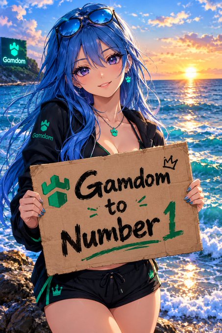 An anime-style illustration of a blue-haired girl in a black 'Gamdom' tracksuit holding a cardboard sign that reads 'Gamdom to Number 1' against a sunset ocean backdrop.