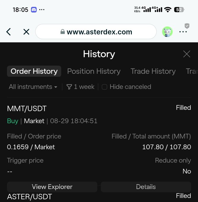 A mobile screenshot of the asterdex.com website showing an order history with a filled MMT/USDT buy order at 0.1659 market price.