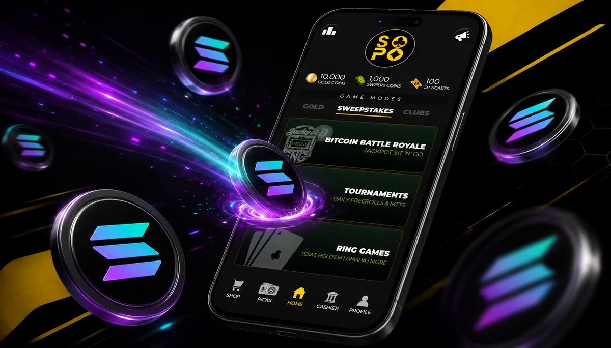 The image features a smartphone displaying an app called "SOPO" with purple and blue elements, surrounded by various coins scattered around the phone's screen. The text above the phone reads "Solana coming to @WSOP is a huge signal for poker. We’ve proudly supported this lane from SOPO's launch through @CoinflowLabs, giving US sweepstakes poker players access to crypto payment & payout rails including Solana". This suggests that the app is related to poker and possibly offers cryptocurrency-based poker games or services.