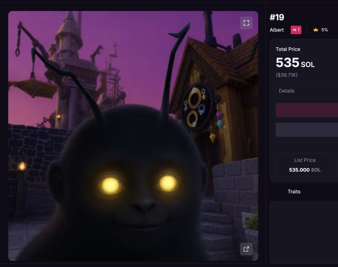 An NFT marketplace listing for item #19, titled 'Albert,' showing a 3D-rendered dark character with glowing yellow eyes and antennae, priced at 535 SOL ($39.71K) with a list price of 535.000 SOL.