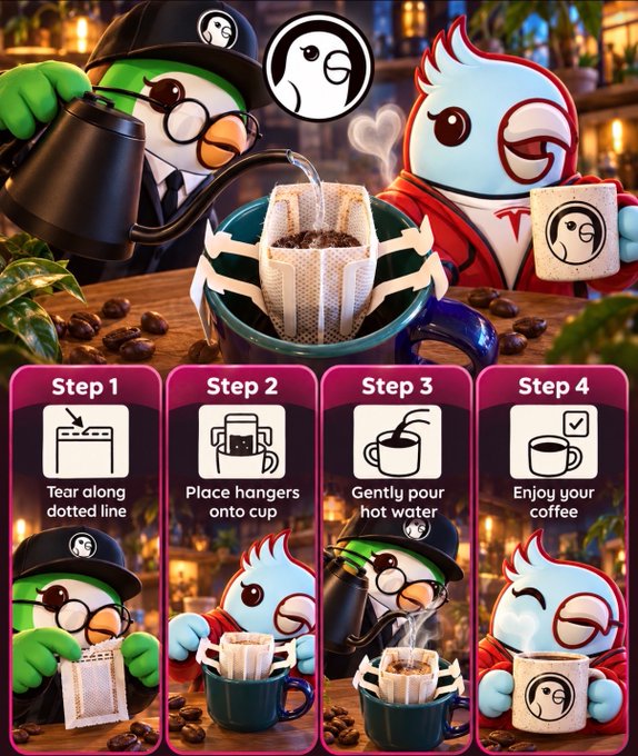 An illustrated instruction guide with bird mascots showing a 4-step process: tear along the dotted line, place hangers onto the cup, gently pour hot water, and enjoy your coffee (for a pour-over coffee filter product).