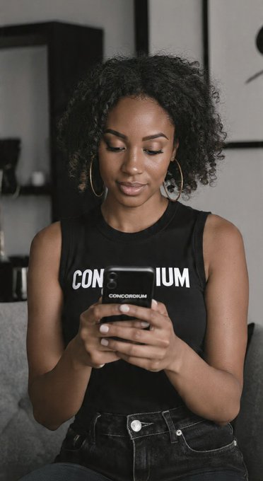A woman with curly hair wearing a black "CONCORDIUM" tank top looks down at her smartphone.