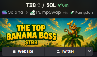 Promotional graphic for a crypto token 'TBB' / 'Solana' labeled 'THE TOP BANANA BOSS $TBB' with a cartoon banana character on a tropical island background, showing links to a website and Twitter.