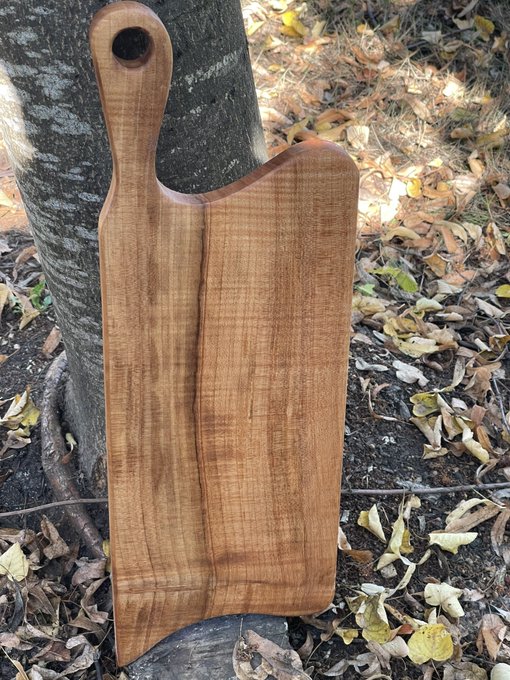 A wooden cutting board with a curved handle cutout, leaning against a tree trunk with fallen autumn leaves scattered on the ground.