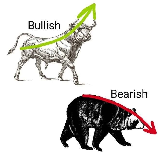 Illustration explaining stock market terms, showing a bull with a green upward arrow labeled "Bullish" and a bear with a red downward arrow labeled "Bearish".