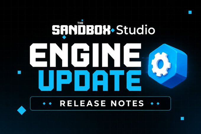 The image displays a promotional graphic for "The Sandbox Studio Engine Update" with "Release Notes" featured prominently below, alongside a blue cube with a white gear icon. It serves as a header banner for the July 23rd, 2026 update announcement, which highlights improvements to movement, physics, lighting, fog, and AI-assistant tools, directing viewers to create.sandbox.game/updates/6 for full details.