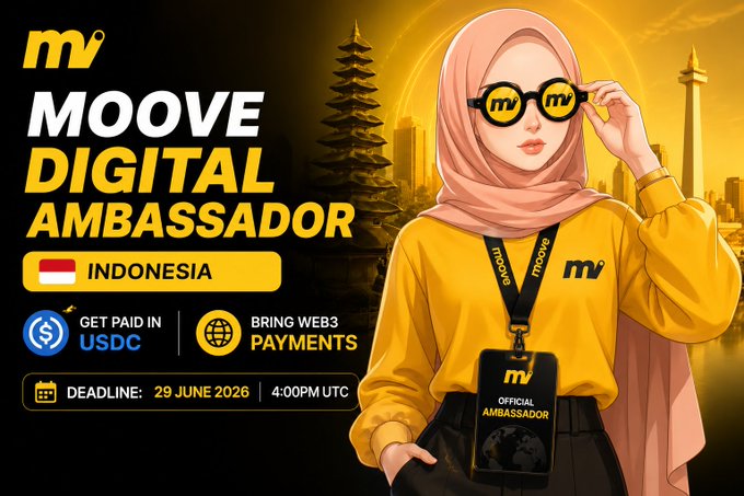 The image features a cartoon girl wearing a yellow shirt, a headscarf, and sunglasses with her hand on her hip. The background shows an advertisement for the Moove Digital Ambassador Program for Indonesia. The text on the image reads "Amazing news for the Moove community The @moovexyz Digital Ambassador Program for Indonesia is now open and applications will be accepted until 29 June If you'r passionate about Web3 content creation or community building this is your chance to be part of something bigger".