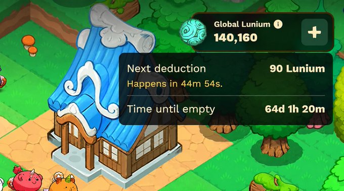 A screenshot from a mobile game showing a Lunium production facility interface with a current balance of 140,160 Global Lunium, a next deduction of 90 Lunium in 44m 54s, and 64d 1h 20m remaining until empty, illustrating how long a player's supply will last.