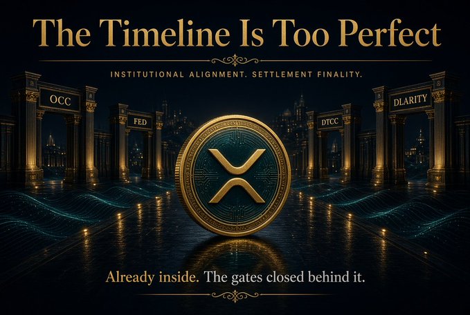 Cryptocurrency promotional image titled 'The Timeline Is Too Perfect' featuring an XRP coin with text 'INSTITUTIONAL ALIGNMENT. SETTLEMENT FINALITY.' and references to OCC, FED, DTCC, and DLARITY.