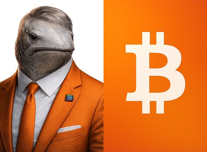 A figure wearing an orange jacket and tie, featuring a bird-like face with styled gray hair, appears alongside a large white Bitcoin (₿) symbol on an orange background, visually representing the recommendation to mine Bitcoin.