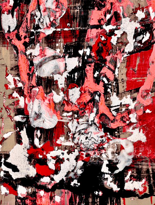 An abstract painting featuring a chaotic mix of red, pink, black, white, and beige colors with textured, layered brushstrokes and scratchy marks creating a dynamic, expressive composition.