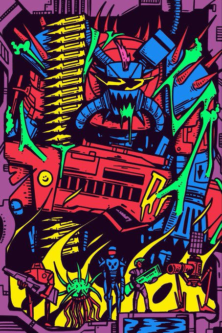 A vibrant, chaotic illustration of a mecha robot in neon colors with battle elements, soldiers, and a spider-like creature.