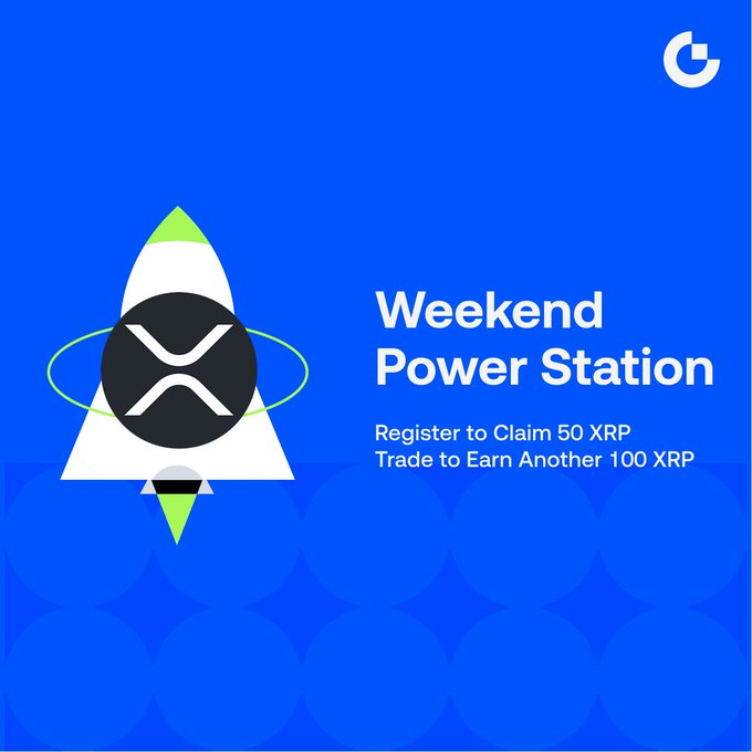 A blue promotional poster for 'Weekend Power Station' featuring the XRP logo, offering 'Register to Claim 50 XRP' and 'Trade to Earn Another 100 XRP' with a 'G' logo in the corner.
