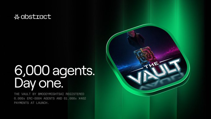 An Abstract promotional graphic reading '6,000 agents. Day one.' alongside details about 'THE VAULT by @moodynightsat', featuring a glowing green icon with a character inside.