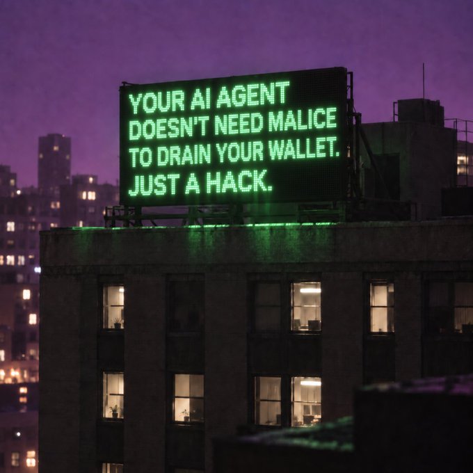A glowing green LED billboard atop a city building at dusk warns: "YOUR AI AGENT DOESN'T NEED MALICE TO DRAIN YOUR WALLET. JUST A HACK." This stark message underscores the post's concern about AI agent security, setting the tone for Ledger Op3n 2026's discussion on the hidden vulnerabilities in trusting AI with crypto wallet control.