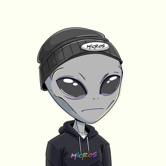 An illustration depicts a gray alien character wearing a black beanie labeled 'Micr0s' and a black hoodie with 'Micr0s' written in colorful letters.