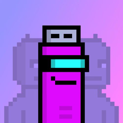 A pixel art illustration of a magenta-colored robot or character with a light blue visor, set against a soft purple and pink gradient background.