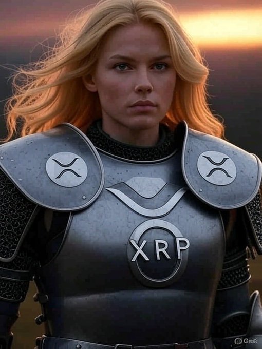 A portrait of a blonde woman in medieval-style silver armor emblazoned with the XRP logo and Ripple's X symbol, set against a sunset background.