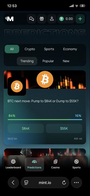 Another screenshot of the mint.io prediction platform showing the same BTC prediction market 'BTC next move: Pump to $84k or Dump to $55k?' with 84% voting $84K.