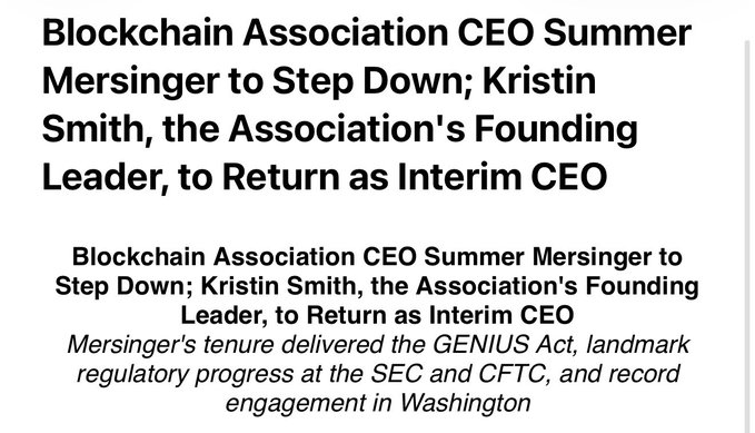 The image is a headline announcing that Blockchain Association CEO Summer Mersinger is stepping down and will be replaced by founding leader Kristin Smith as interim CEO. The post "Where is she going?" connects to the news by questioning Mersinger's next career move following her departure from the trade group, with the subheading highlighting her accomplishments—advancing the GENIUS Act, regulatory progress at the SEC and CFTC, and record Washington engagement.