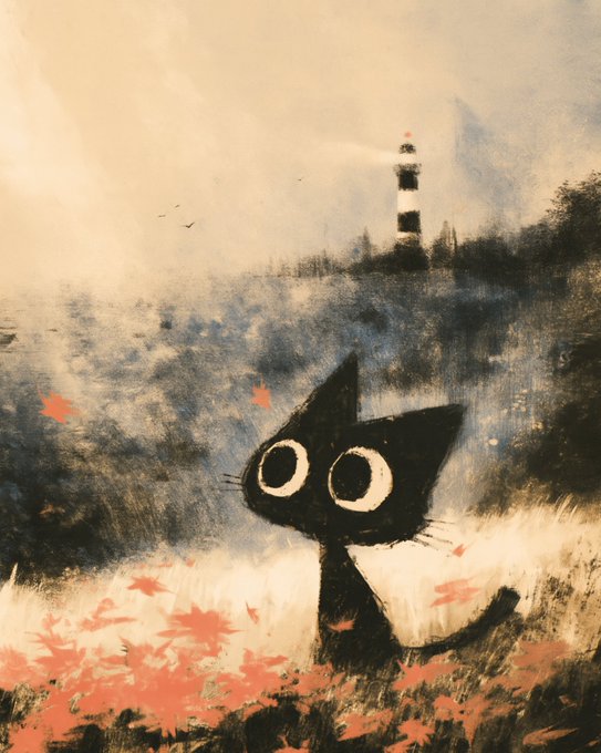 An illustration showing a black cat with large eyes in a field of red flowers, with a black and white striped lighthouse emitting a beam of light in the background.