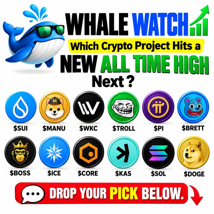 A 'WHALE WATCH' crypto poll graphic asking 'Which Crypto Project Hits a NEW ALL TIME HIGH Next?' displaying 12 meme coin logos with tickers including $SUI, $MANU, $WKC, $TROLL, $PI, $BRETT, $BOSS, $ICE, $CORE, $KAS, $SOL, and $DOGE.