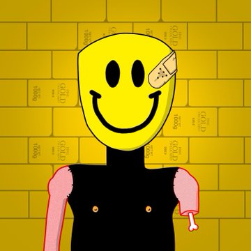 A surreal digital illustration featuring a figure with a large yellow smiley face for a head (with a bandage on it) and exposed pink shoulder bones, standing against a yellow brick wall background.
