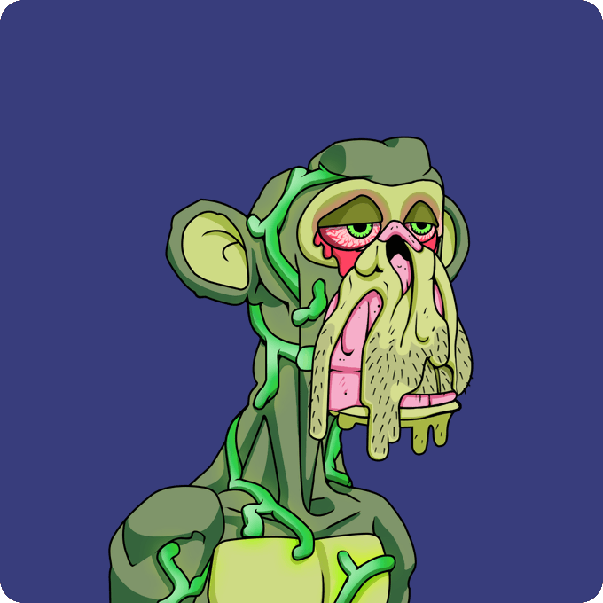 A digital illustration depicts a grotesque, zombie-like monkey character with green skin, drooping features, and yellow eyes against a dark blue background.