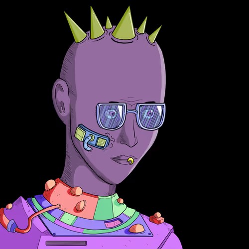 A stylized illustration of a purple-skinned humanoid with green spikey hair, wearing reflective sunglasses, gold lip piercings, and a spiked collar against a black background.
