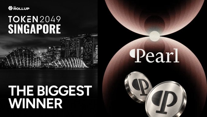 The image shows a promotional graphic for Token2049 Singapore, featuring a black-and-white cityscape on the left and a stylized "Pearl" logo with metallic coin-like discs on the right, promoting $PRL as "THE BIGGEST WINNER" of the event. The accompanying text reinforces the message that $PRL (Pearl) was the standout token at Token2049 Singapore, capitalizing on its early momentum and widespread buzz throughout the conference.