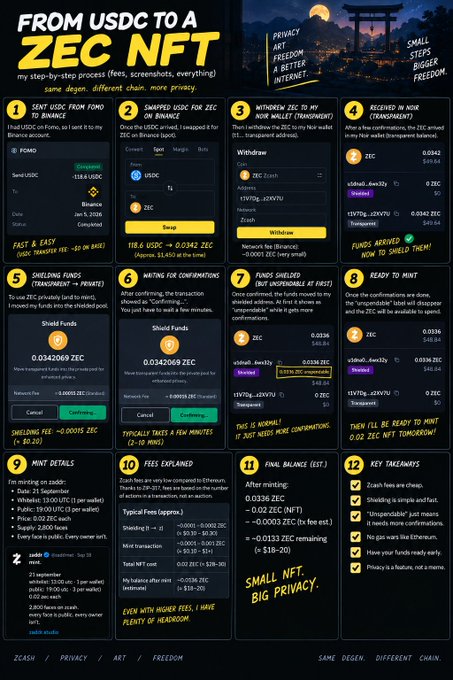 A step-by-step infographic titled 'FROM USDC TO A ZEC NFT' with 12 numbered steps detailing a privacy-focused crypto transaction process.
