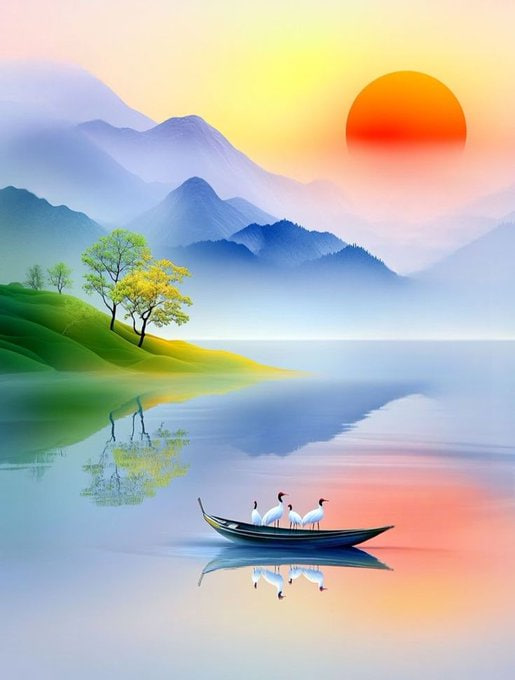 A serene digital painting of a sunset over misty blue mountains, with a small boat carrying four white cranes floating on a calm reflective lake beside a green shoreline.
