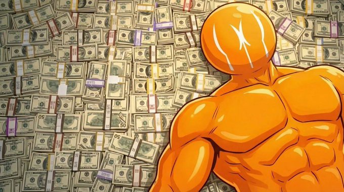 An orange illustrated muscular figure stands in front of a background completely covered with stacks of US dollar bills.