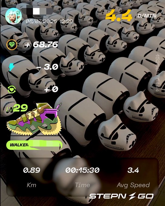 A STEPN GO app screenshot dated 08/07/2026 showing a walker level 29 NFT sneaker over a background of Stormtrooper-style figurines, with stats: 4.4 D/MIN, +68.76, 0.89 Km, 00:15:30 time, and 3.4 avg speed.