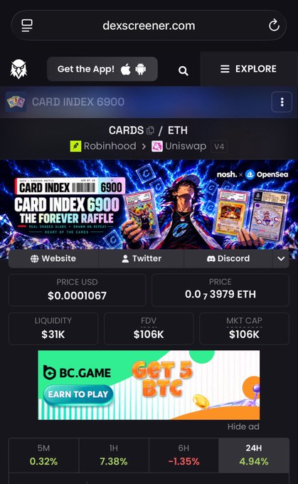 A dexscreener.com page showing CARD INDEX 6900 token priced at $0.0001067 (0.073979 ETH), with 4.94% gain in 24h and $31K liquidity.