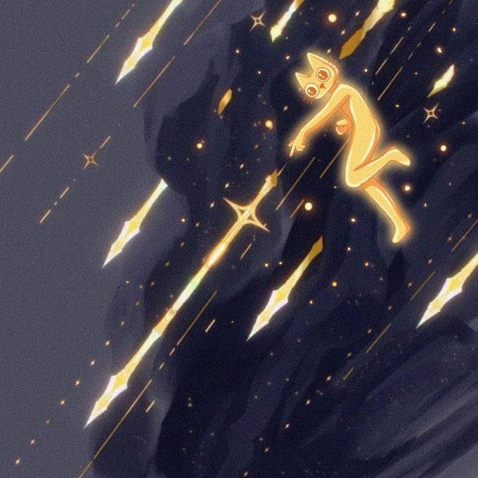 An illustration of a glowing golden cat-like figure floating or falling through a dark space filled with bright shooting stars and sparkles.