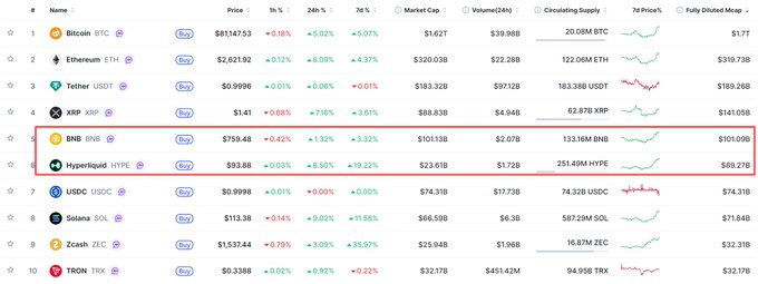 A cryptocurrency market table showing top coins including Bitcoin (BTC), Ethereum (ETH), Tether (USDT), XRP (XRP), BNB (BNB), and Hyperliquid (HYPE), with BNB and HYPE highlighted in a red box showing their prices, market caps, and 24-hour percentage changes.