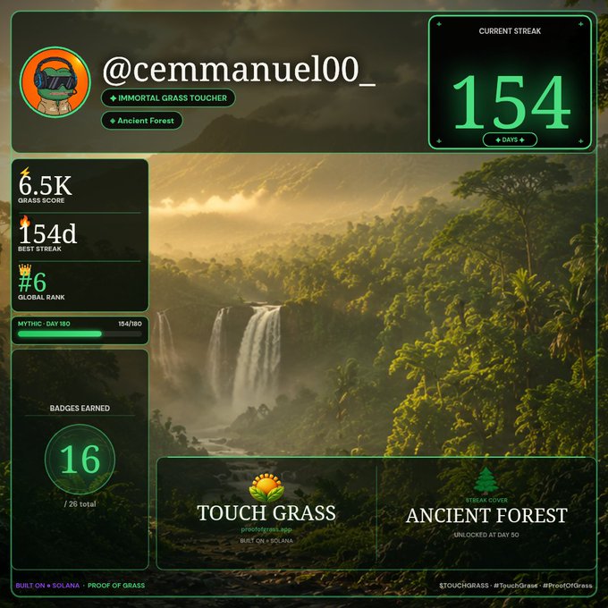 Profile dashboard for @cemmanuel00_ on the 'Touch Grass' app showing a 154-day current streak, 6.5K Grass Score, Global Rank #6, and the 'Ancient Forest' stream challenge.
