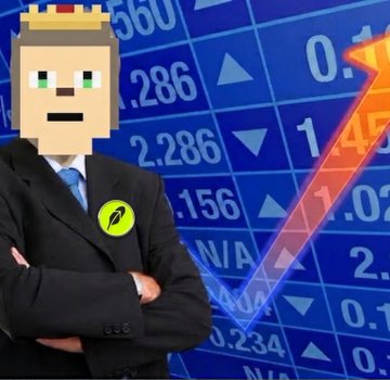 A pixel-art character with a crown sticker and a black suit featuring a green logo stands confidently with crossed arms in front of a stock-market board displaying numbers like "2.286," "2.156," and "0.1," alongside a large upward trending arrow. The image satirically frames the crypto trading hype around Robinhood's $500M DEX volume milestone and meme tokens like $CASHCAT with a tongue-in-cheek "stonkbroker" vibe.