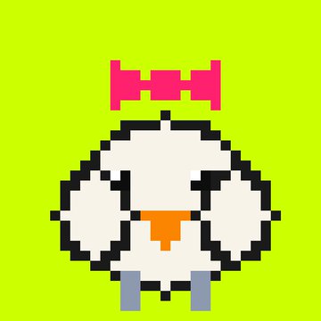 A pixel art image of a white bird-like character with an orange beak, wearing a pink crown, displayed on a bright yellow-green background.