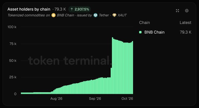 A Token Terminal chart showing 'Asset holders by chain' at 79.3K, up 2,937.5%, for tokenized commodities XAUT on BNB Chain, with data spanning Aug '26 to Oct '26.