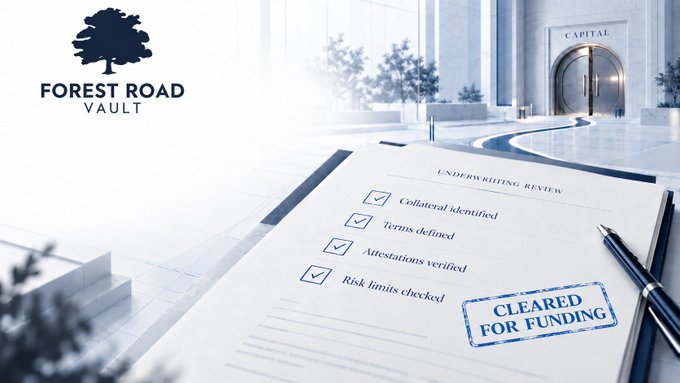 A promotional image for 'Forest Road Vault' showing an 'UNDERWRITING REVIEW' checklist with checked items (Collateral identified, Terms defined, Attestations verified, Risk limits checked) stamped 'CLEARED FOR FUNDING' next to a building entrance labeled 'CAPITAL'.