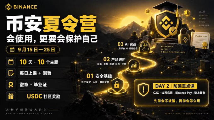 A Binance promotional banner for a '夏令营' (Summer Camp) taking place September 15-25, highlighting security education topics with gold accents and a path leading to a graduation shield.